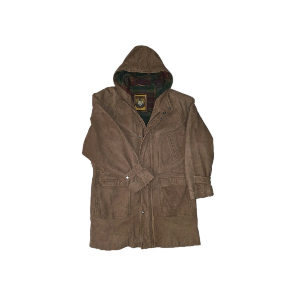 IOU Men's Brown 80's Barnstormer Field Leather Jacket Plaid Hooded